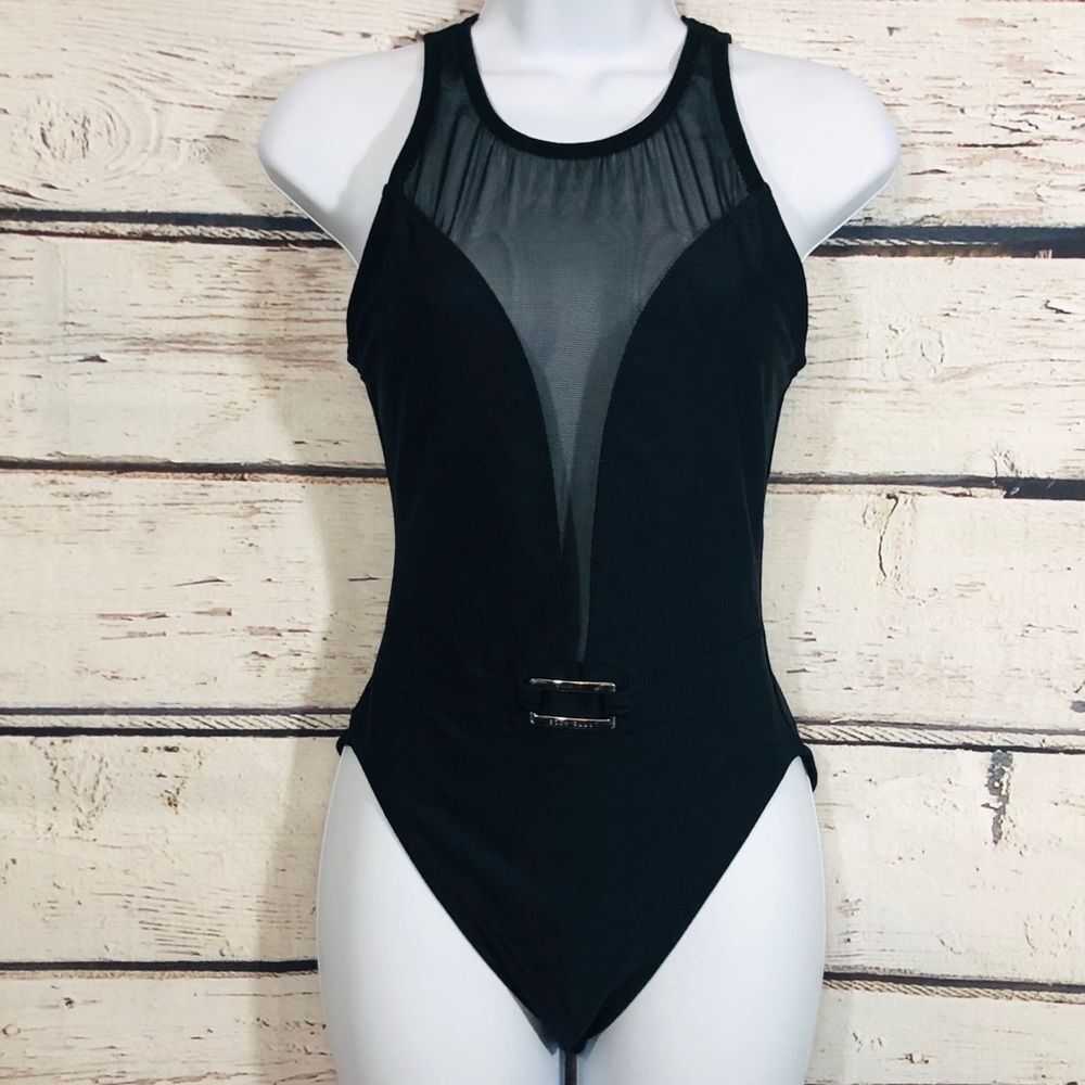 Anne Cole black Sheer Mesh Front Swimsuit
